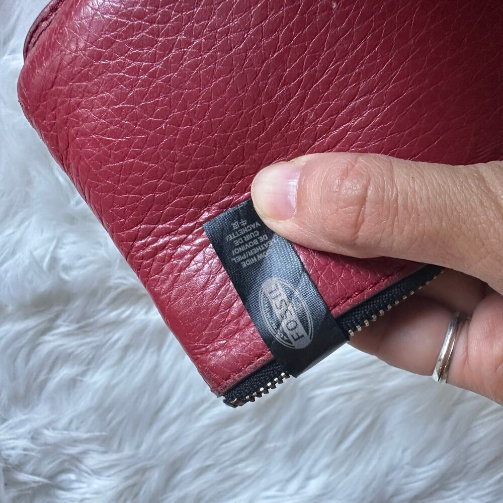 Vintage Fossil Preston Two Tone Red Pebble Leather Bifold Clutch Wallet Zip Snap - Picture 5 of 5